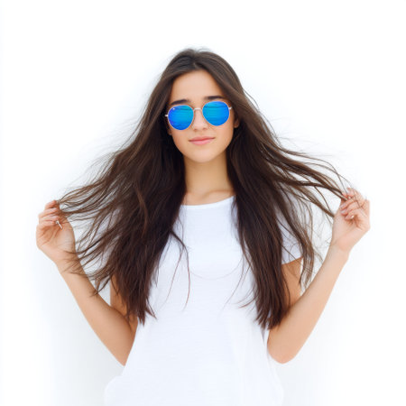 A stylish young woman with long hair is wearing blue sunglasses and a white t-shirt, exuding confidence and joy in a bright outdoor setting.の素材