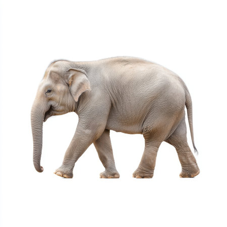 A charming baby elephant walks gracefully against a clean white background, showcasing its gentle demeanor and playful spirit in a studio setting.の素材