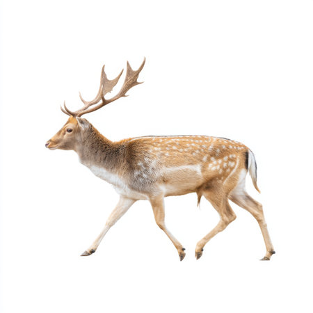 A solitary deer walks gracefully against a white background, showcasing its elegant antlers and unique fur patterns, embodying the beauty of wildlife.の素材