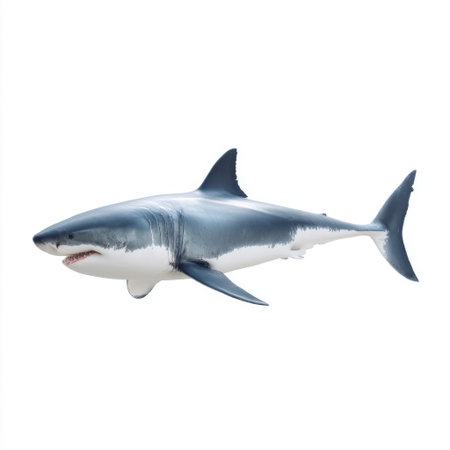 This image captures a detailed representation of a Great White Shark gliding through ocean waters, highlighting its dangerous beauty and natural grace.の素材