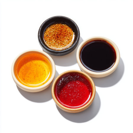 This image features four bowls of sauce arranged artistically, showcasing a vibrant mix of colors and textures. Perfect for culinary presentation and recipe inspiration.の素材