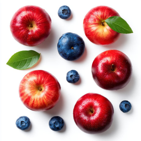 A vibrant display of red apples and blueberries artistically arranged on a clean white background, accented by fresh green leaves, ideal for healthy lifestyle concepts.の素材