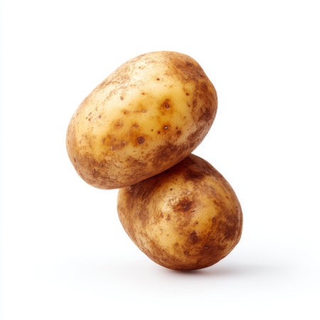 Two fresh, organic potatoes stacked on a clean white background create a rustic and earthy vibe, perfect for food photography or culinary projects.の素材