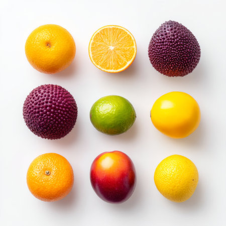 This image showcases an artistic arrangement of various fresh fruits including oranges, lemons, limes, and a mango on a clean white background, highlighting vibrant colors and textures.の素材