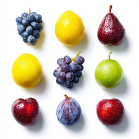 A vibrant display of fresh fruits including lemons, grapes, pears, and apples on a white background, accented with water droplets, ideal for healthy eating themes.の素材