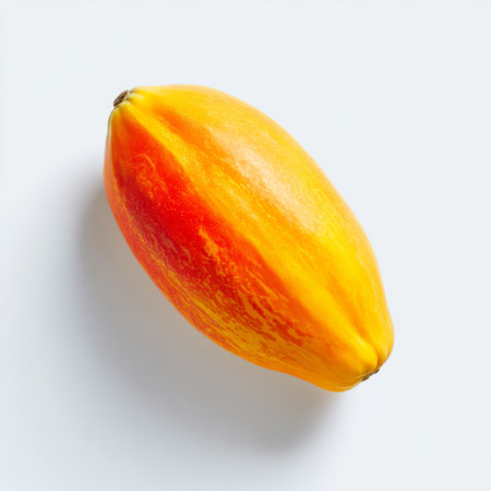 This image features a fresh and vibrant papaya resting on a minimalist background, perfect for themes of healthy eating, tropical lifestyle, and organic nutrition.の素材