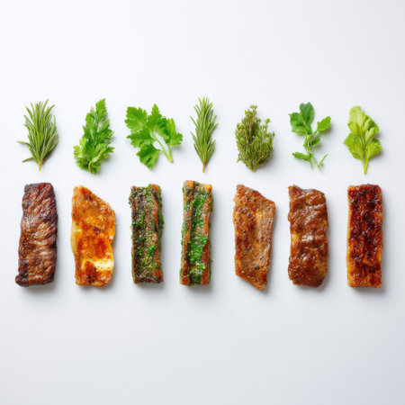 A visually appealing display of assorted grilled meats paired with fresh herbs, ideal for culinary photography and food-related projects. The arrangement highlights textures and colors, making it perfect for recipes or restaurant menus.の素材