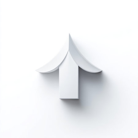 This image features a sleek white arrow icon against a plain white background, representing direction and progress in a modern and minimalist style.の素材