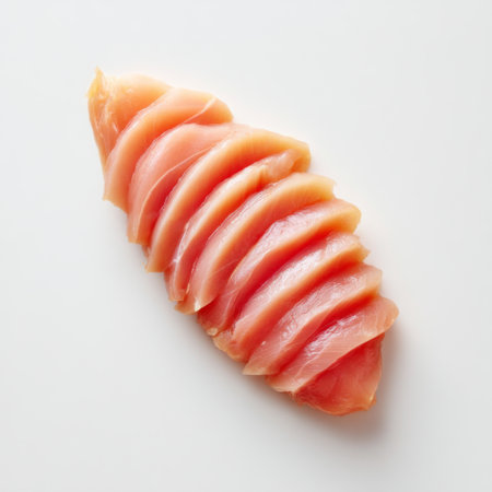 This image features a freshly sliced raw chicken breast, showcasing its delicate texture and vibrant color, ideal for various culinary dishes and healthy meal prep.の素材