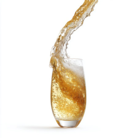 A vibrant splash of a refreshing beverage captured in a clear glass, showcasing dynamic motion and bubbles, perfect for summer and celebration themes.の素材