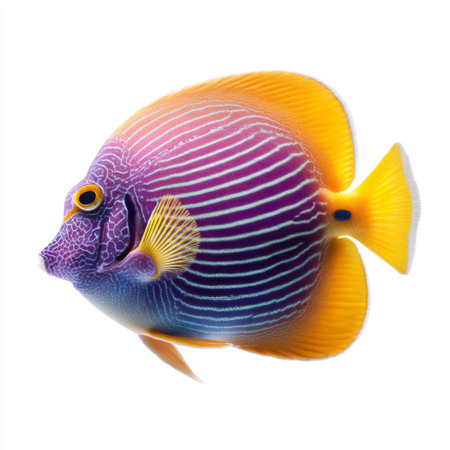 This image captures a stunning tropical fish, showcasing vibrant purple and yellow colors with striking striped patterns, highlighting its beauty in the ocean.の素材