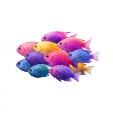 A lively arrangement of various colorful tropical fish swimming together, featuring hues of pink, blue, yellow, and purple set against a clean white background.の素材