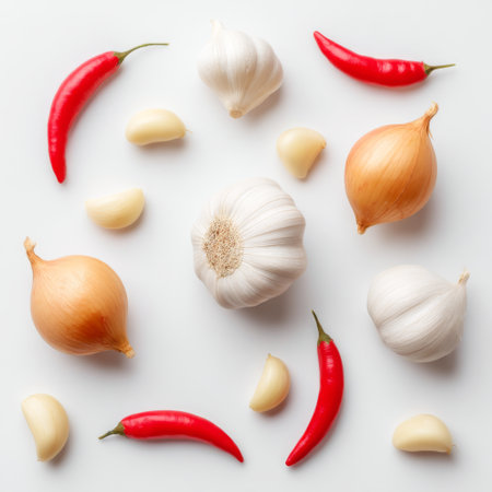 A vibrant arrangement of fresh garlic, onions, and red chili peppers on a white background ideal for culinary art, cooking inspiration, and food photography.の素材