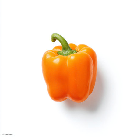 A vibrant and fresh orange bell pepper isolated on a clean white background, perfect for cooking, healthy meals, or dietary recipes. Ideal for culinary use.の素材