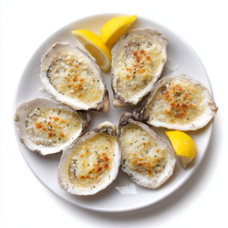 This elegant dish features six baked oysters topped with a golden garlic butter and herbs mixture, garnished with fresh lemon wedges, perfect for any seafood lover.の素材
