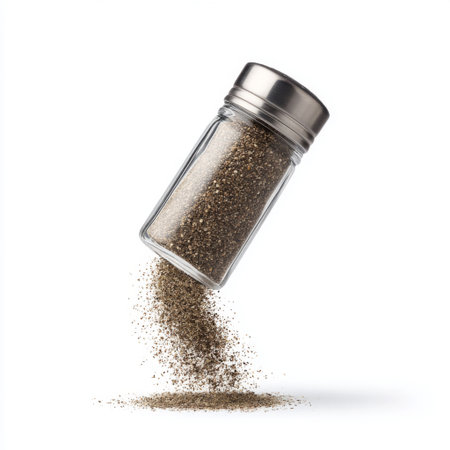 A stylish glass spice jar with a metallic cap, elegantly spilling black pepper grains on a clean white background, perfect for culinary uses.の素材