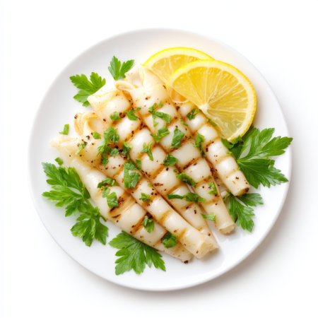 This image features grilled squid strips beautifully arranged on a white plate. Fresh lemon slices and parsley add vibrant color and flavor, showcasing a delightful seafood dish perfect for any culinary occasion.の素材