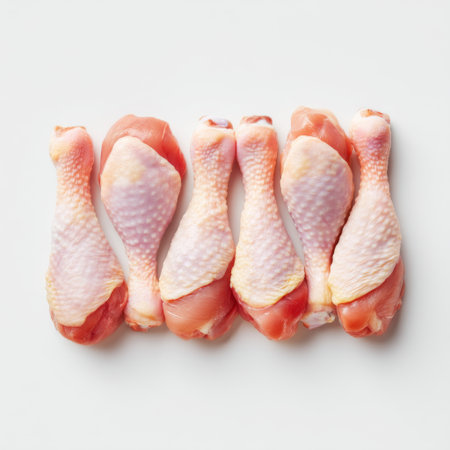 This image features a neat arrangement of fresh raw chicken drumsticks on a white background, ready for cooking or meal preparation. Ideal for culinary use.の素材