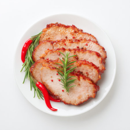Close-up of tender sliced roast meat beautifully arranged on a white plate, garnished with fresh rosemary and red chili, creating an appetizing visual.の素材