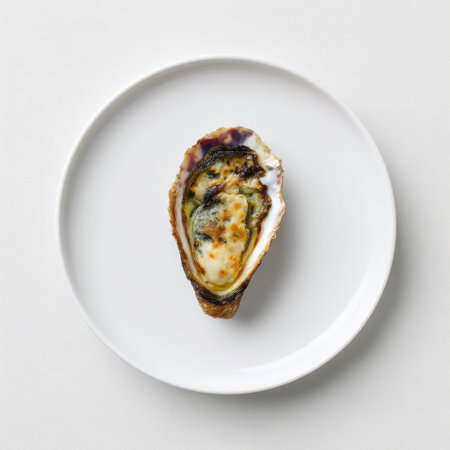 A perfectly baked oyster topped with cheese sits elegantly on a pristine white plate, embodying the art of gourmet seafood presentation.の素材