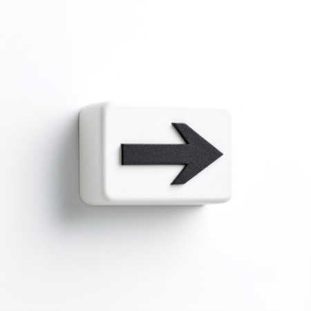 A minimalist wall sign featuring a sleek white background and a prominent black right arrow. Perfect for guiding visitors in various spaces.の素材