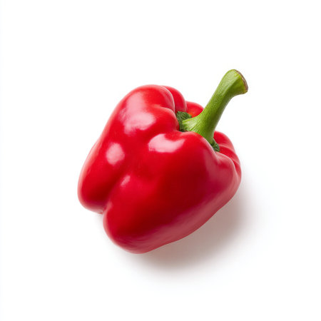 A vibrant red bell pepper isolated on a clean white background, perfect for culinary, nutritional, or health-related themes. Freshness in every bite!の素材