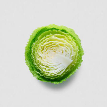 A fresh green cabbage head displayed on a clean white background, showcasing intricate leaf patterns and vibrant textures, ideal for culinary and health themes.の素材
