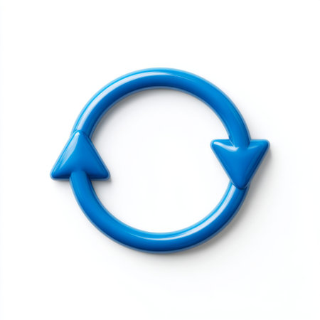 A vibrant blue circular arrow symbol illustrating the concepts of refresh, reload, or repeat, ideal for digital applications and user interface designs.の素材
