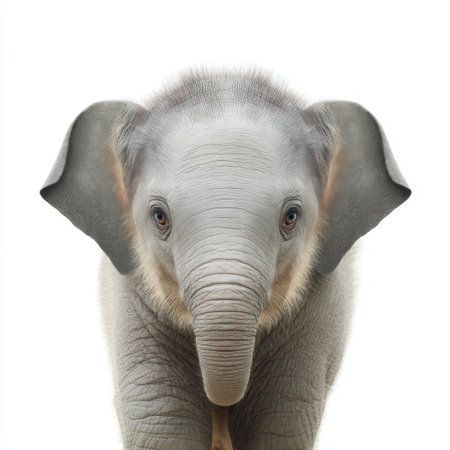 A young elephant gracefully stands with expressive eyes, showcasing its gentle nature in a serene outdoor setting, perfect for wildlife enthusiasts.の素材