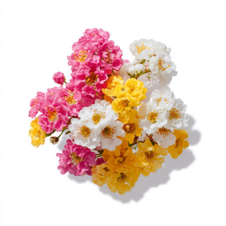 A beautiful collection of pink, yellow, and white flowers arranged together, showcasing their vibrant colors against a pure white background, ideal for seasonal decor.の素材