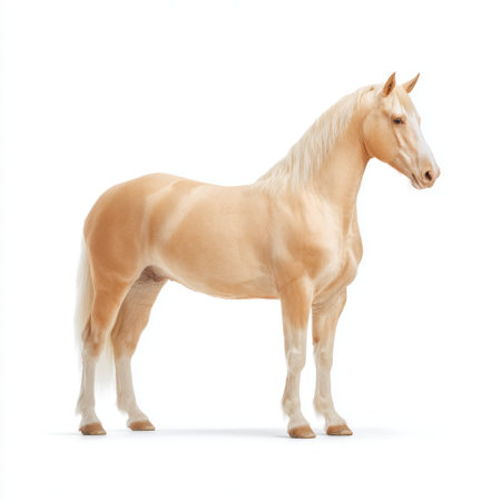 A stunning palomino horse stands poised in a bright studio setting, showcasing its smooth coat and flowing mane. This captivating image highlights the elegance and grace of this beautiful animal.の素材