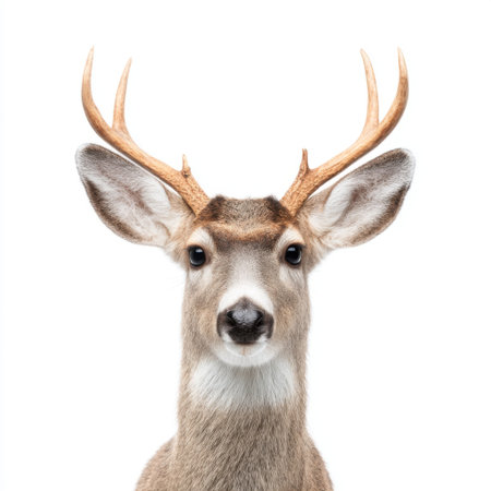 This stunning close-up portrait captures the essence of a whitetail deer, showcasing its magnificent antlers and expressive eyes, embodying the beauty of wildlife.の素材