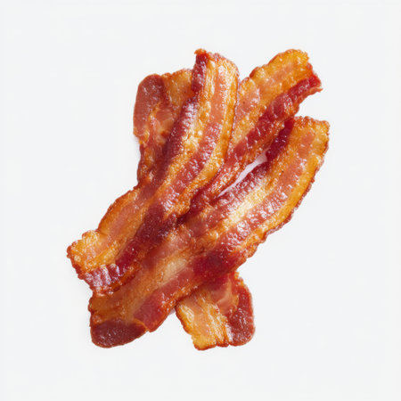 These delicious crispy bacon strips are perfect for culinary images, showcasing texture and flavor. Ideal for food photography and breakfast themes.の素材