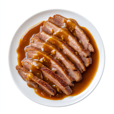 Indulge in this delectable presentation of tender meat slices drizzled with rich brown gravy, ideal for gourmet dining and culinary artistry.の素材
