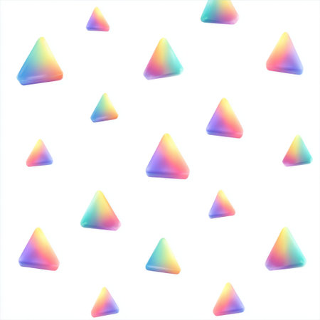 This image features a playful arrangement of colorful gradient triangles on a clean white background. Ideal for modern design projects, wallpapers, and creative uses.の素材