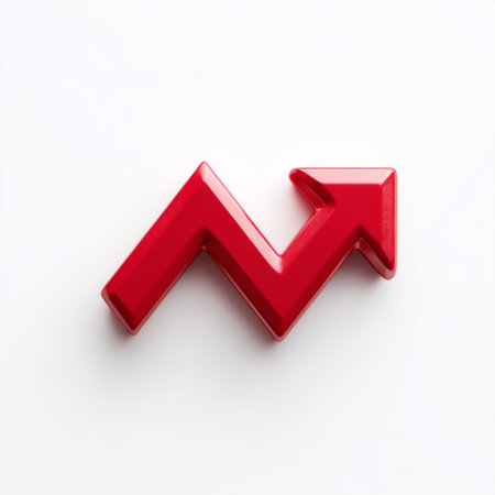 This striking red arrow symbolizes growth and a positive trend, perfect for use in business and finance materials, conveying success and strategic direction.の素材