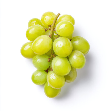 A close-up of a cluster of fresh green grapes on a white background, capturing their vibrant color and juicy appeal. Ideal for concepts around healthy eating and nutrition.の素材