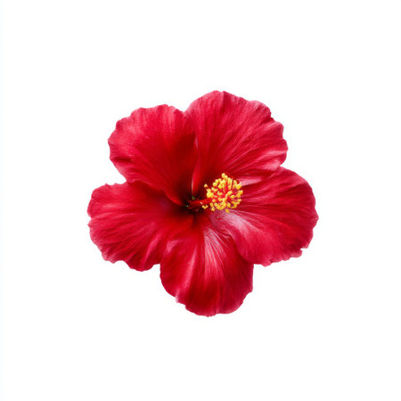 This vibrant red hibiscus flower showcases its stunning petals and intricate stamen against a pure white background, highlighting its beauty and detail.の素材