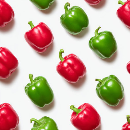 A vibrant display of fresh red and green bell peppers arranged on a clean white surface, ideal for culinary projects and healthy eating inspiration.の素材