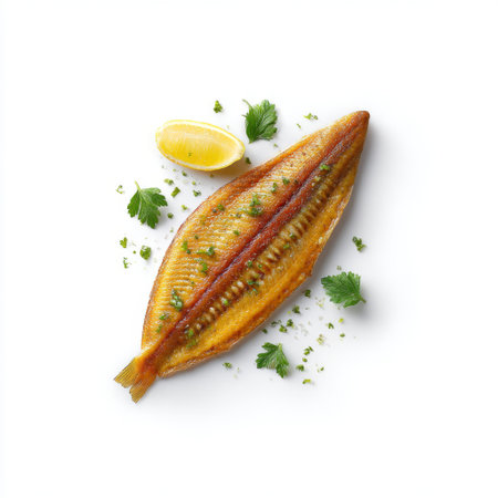 This visually appealing image features a perfectly grilled fish, elegantly garnished with fresh herbs and a slice of lemon. Ideal for culinary themes.の素材