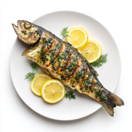 A beautifully grilled whole fish, garnished with fresh herbs and served with lemon slices, showcasing an elegant culinary presentation ideal for food photography.の素材