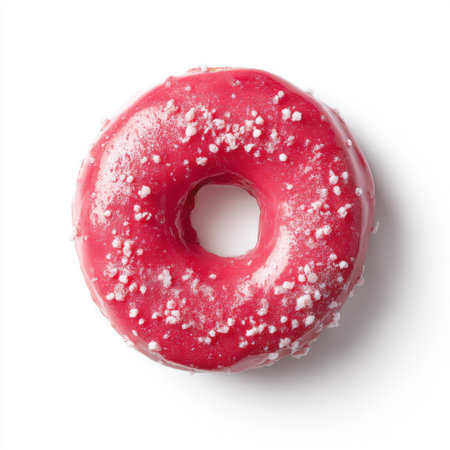 A bright pink frosted donut adorned with colorful sprinkles, presented against a clean white background, perfect for showcasing sweet treats and desserts.の素材