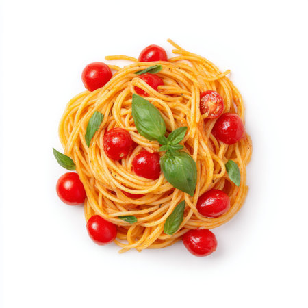 Enjoy a vibrant plate of fresh spaghetti adorned with cherry tomatoes and basil, perfect for food photography and culinary inspiration.の素材