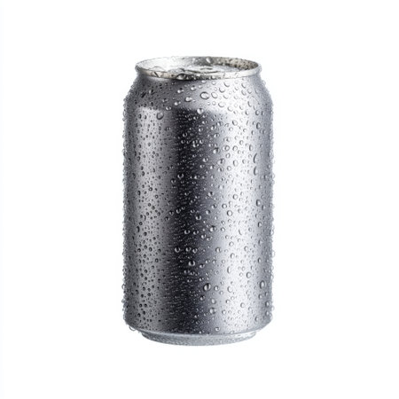 A sleek silver aluminum can with water droplets, showcasing condensation on its surface. Ideal for beverage marketing, product photography, or creative designs.の素材