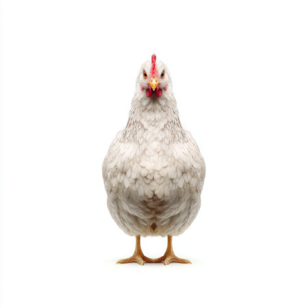 This image showcases a white chicken standing confidently against a plain backdrop, highlighting its texture and unique details, ideal for various creative projects.の素材