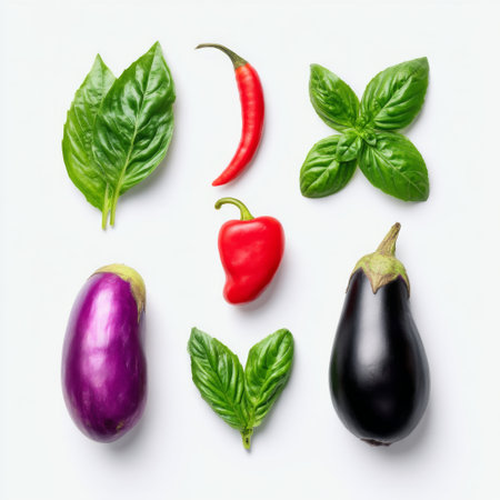 A vibrant arrangement of fresh vegetables and herbs featuring eggplants, basil, and chili peppers, perfect for culinary inspiration and healthy meal options.の素材