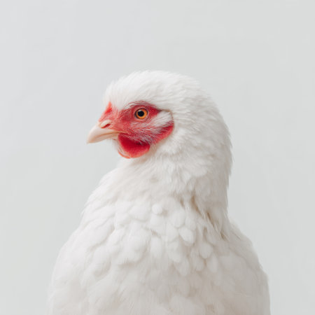 This close-up image captures a white bird featuring soft feathers and a striking red beak, creating an elegant yet adorable portrait against a minimal background.の素材