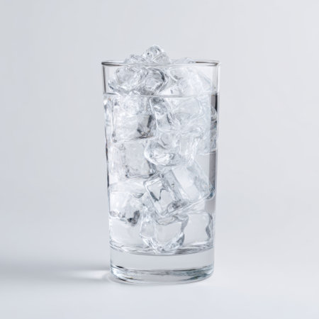 A clear glass filled with ice cubes creates a refreshing and inviting look. Perfect for beverage presentations and summer vibes, this image highlights coldness and simplicity.の素材