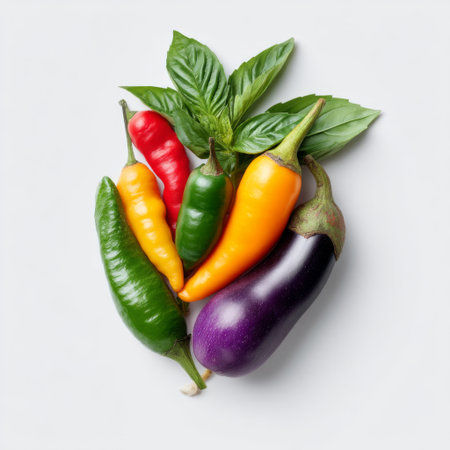 A vibrant arrangement of fresh vegetables including chili peppers, eggplant, and green basil leaves on a white background, perfect for culinary use.の素材