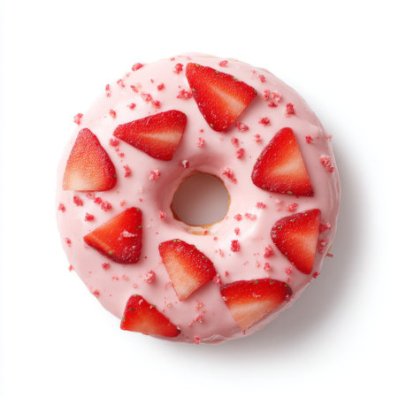 A delightful pink glazed donut featuring fresh sliced strawberries on top, perfect for a sweet treat or a beautiful dessert moment.の素材